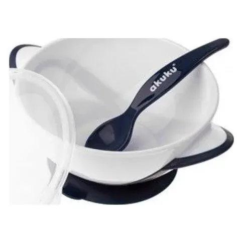 Akuku Μπολάκι Με Κουτάλι & Βεντούζα 9m+ White-Navy Blue (A0503)